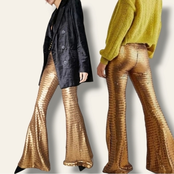 Free People Pants - NWT Free People Party Flare Pants in Gold $198